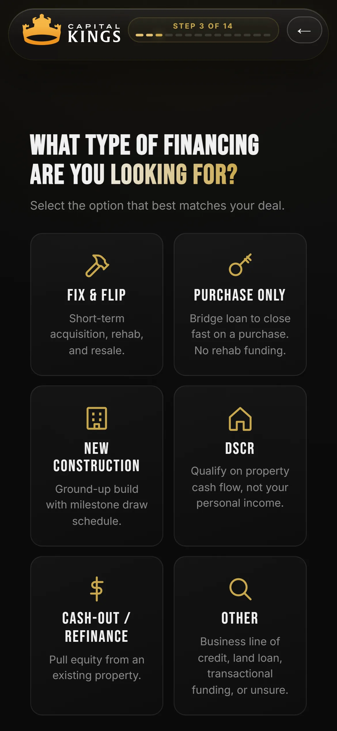 The loan type question of the Capital Kings application on a phone, step 3 of 14: What type of financing are you looking for, with six tap cards for Fix and Flip, Purchase Only, New Construction, DSCR, Cash-out or Refinance, and Other.