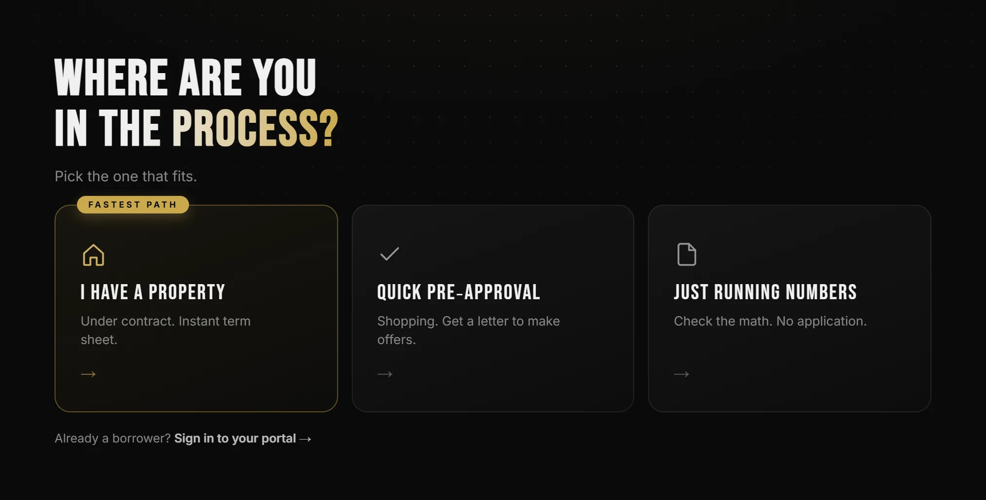 The first screen of the Capital Kings application, Where are you in the process, with three choices: I Have a Property (under contract, instant term sheet, marked Fastest Path), Quick Pre-Approval (shopping, get a letter to make offers) and Just Running Numbers (check the math, no application), plus a sign-in link for existing borrowers.
