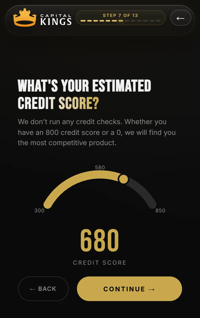 The Capital Kings loan application on a phone, asking for an estimated credit score on a dial from 300 to 850, with a note that no credit check is run.
