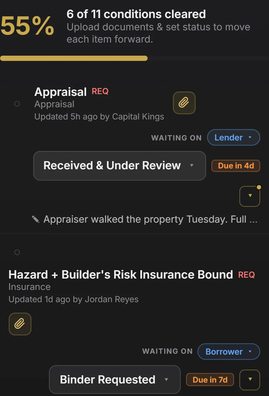 Conditions list showing what each item is waiting on and when it is due