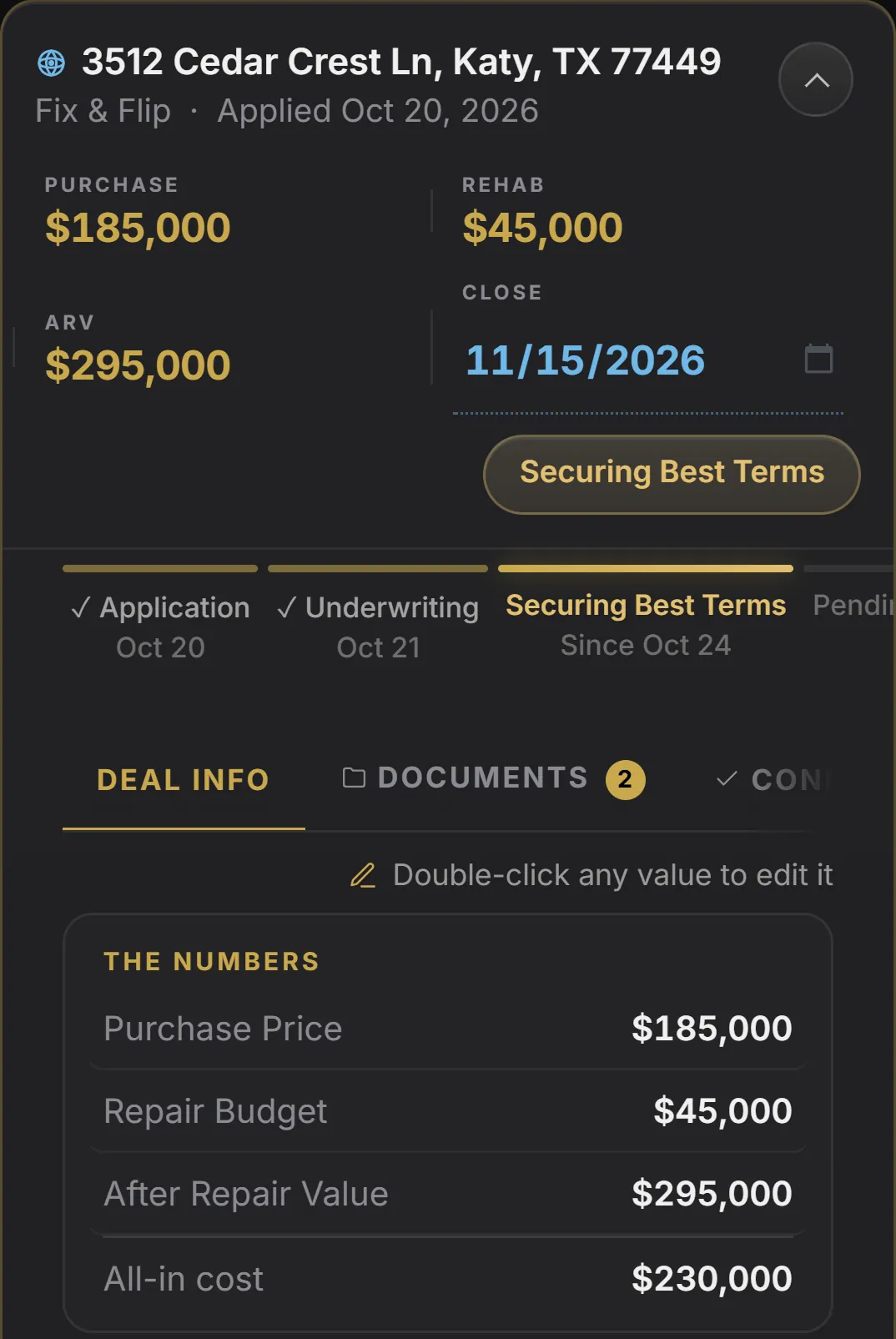 Deal card in the borrower portal with purchase, rehab, ARV and the current stage