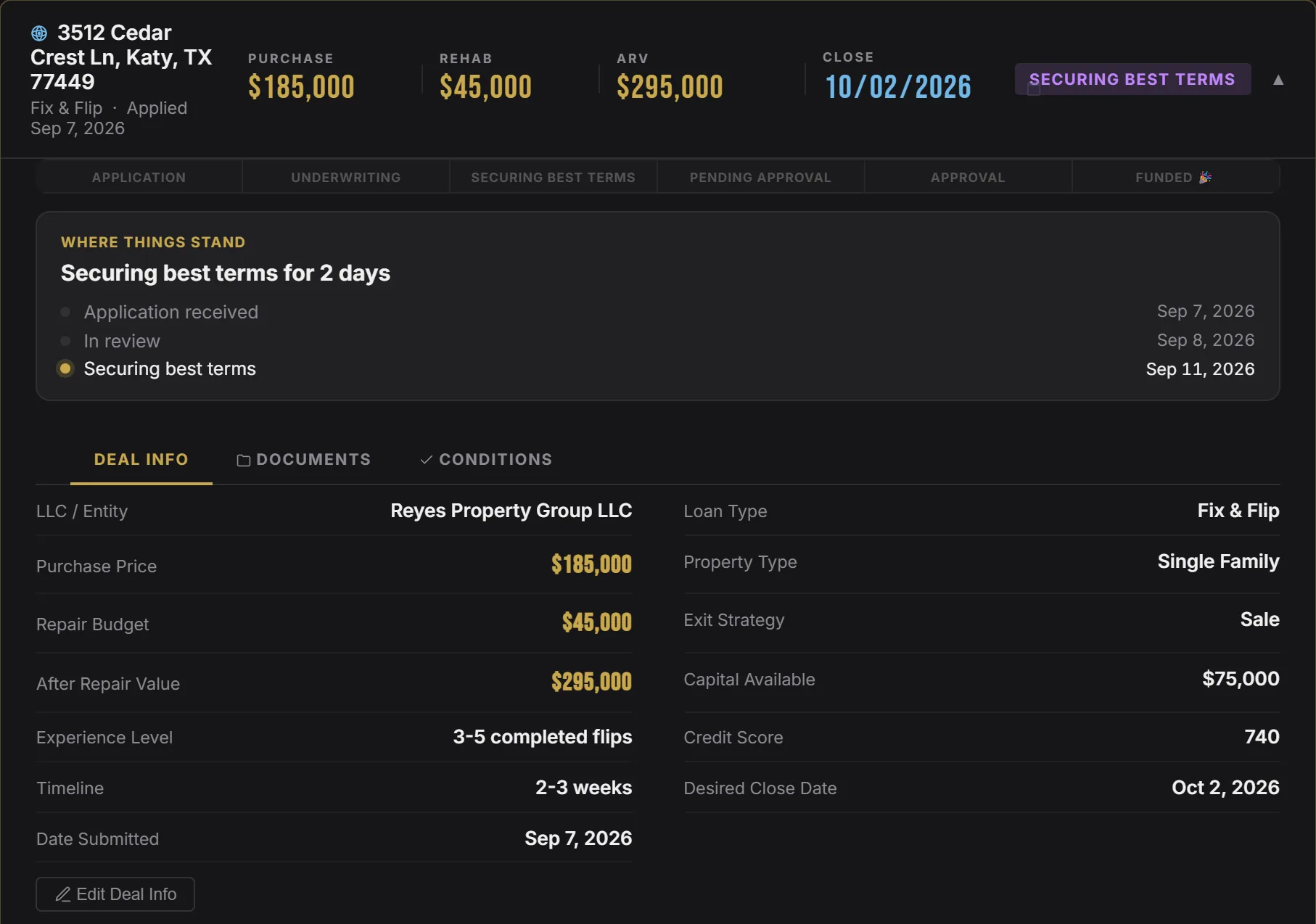 A borrower deal card in the Capital Kings portal: the property address, purchase price, rehab budget, ARV and close date, a six stage pipeline strip, a where things stand panel listing application received, in review and securing best terms with dates, and Deal Info rows for entity, loan type, exit strategy, capital available, credit score and desired close date.
