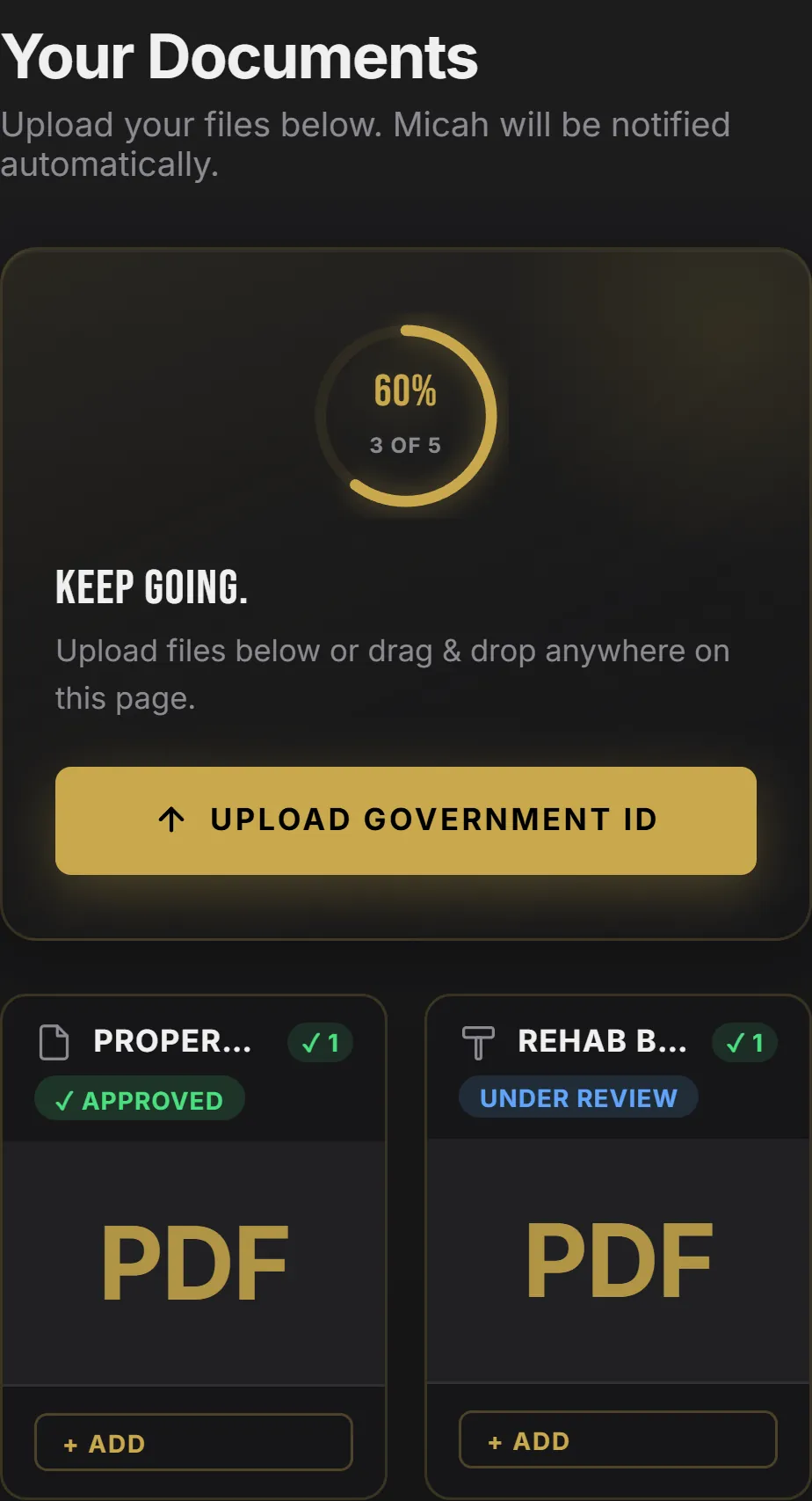 Documents tab with upload progress and a status on each category