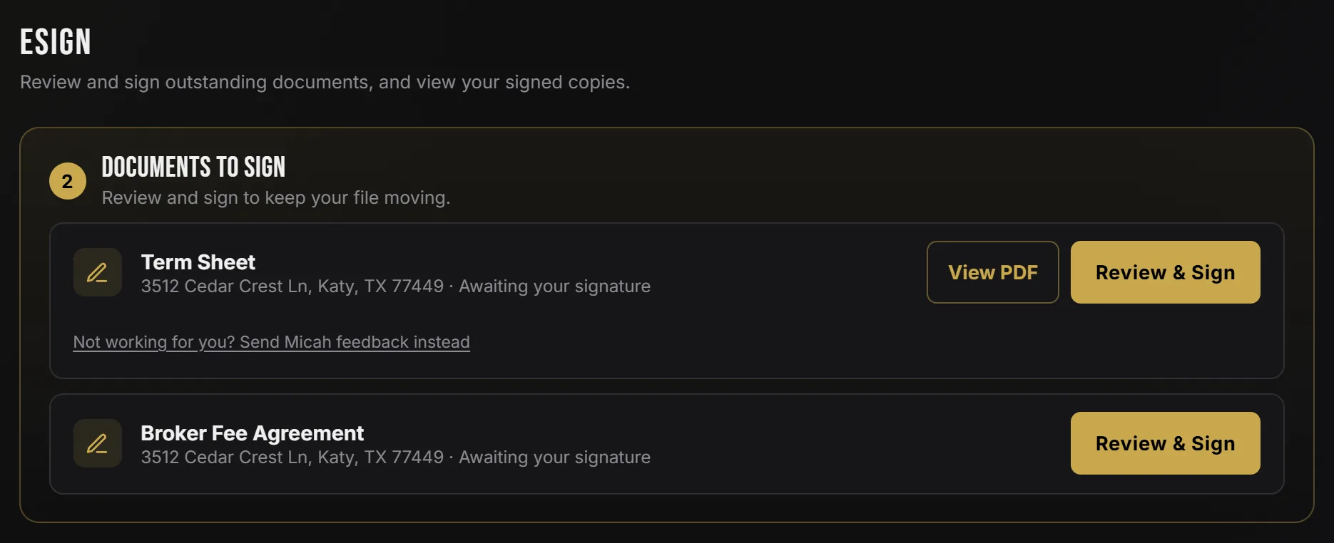 The eSign tab of the Capital Kings borrower portal listing two documents to sign for a sample deal: the term sheet with View PDF and Review and Sign buttons, and the broker fee agreement with a Review and Sign button.