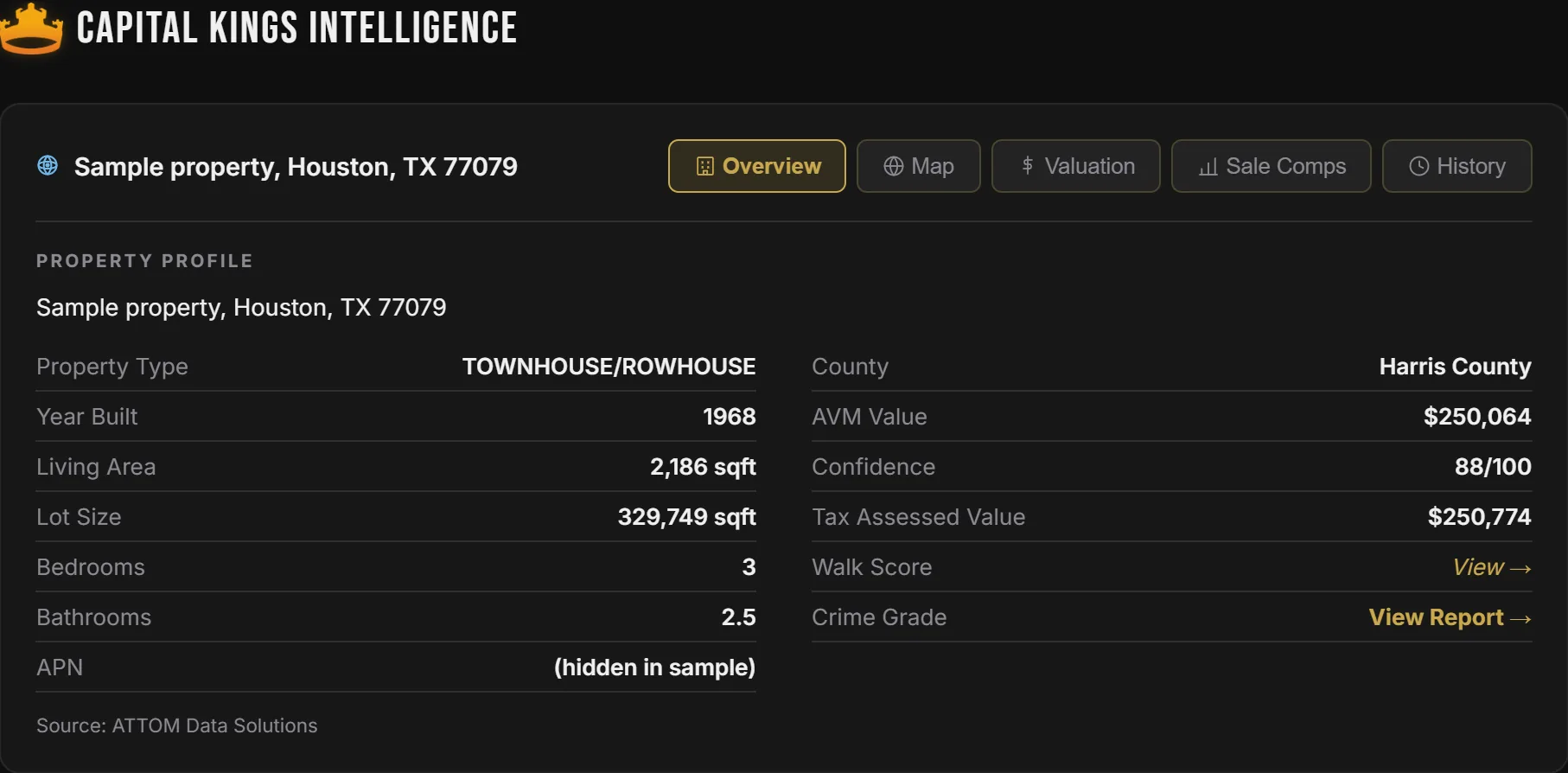 The Capital Kings Intelligence overview tab for a sample property, with Overview, Map, Valuation, Sale Comps and History tabs, and a property profile listing property type, year built, living area, lot size, bedrooms, bathrooms, county, AVM value, confidence, tax assessed value, walk score and crime grade.