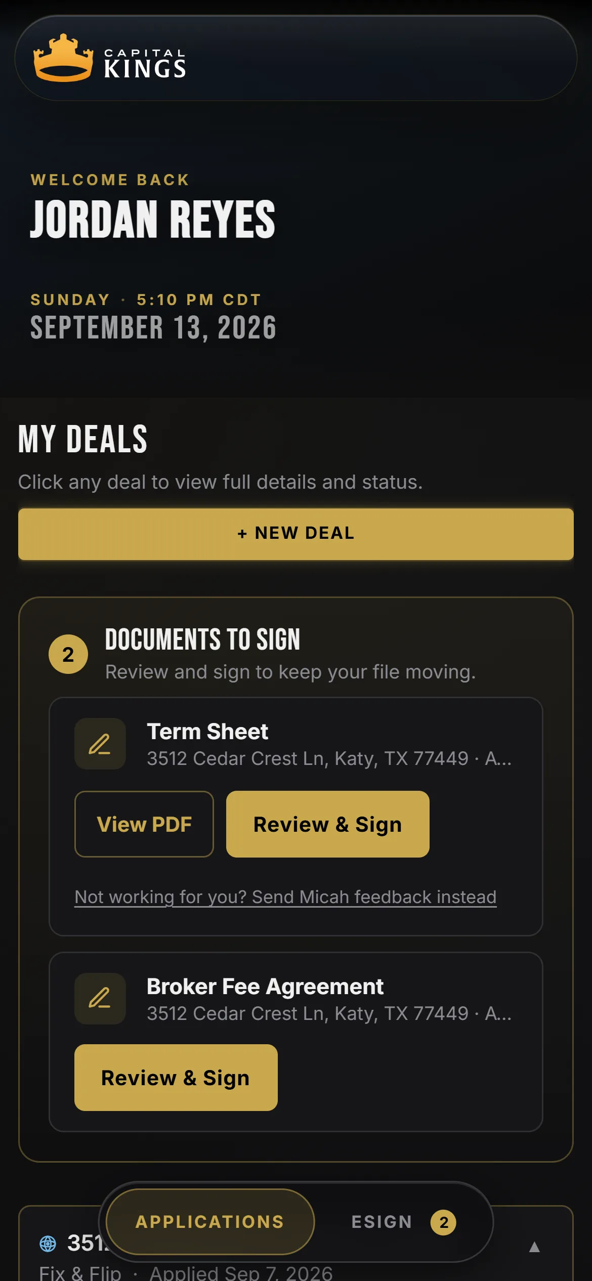 The Capital Kings borrower portal on a phone: the welcome header, the My Deals heading, a New Deal button, and two documents to sign, the term sheet and the broker fee agreement, each with a Review and Sign button.