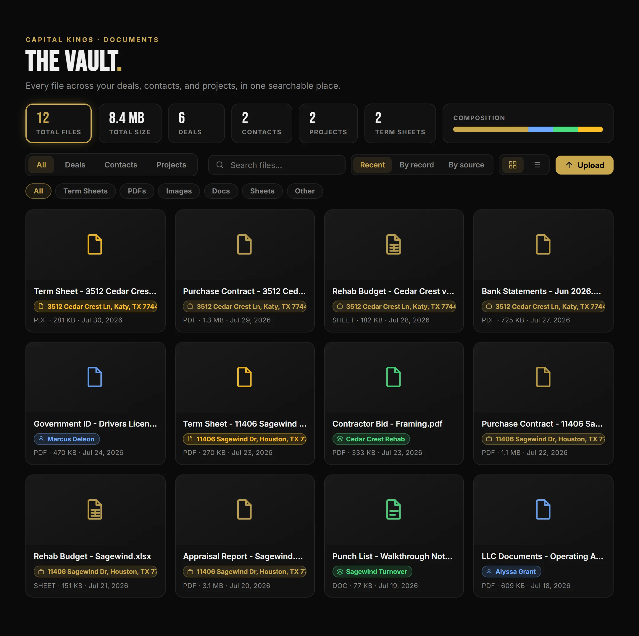 The Capital Kings Vault documents view showing total files, total size, and counts by deals, contacts, projects, and term sheets, above a grid of color coded document cards.