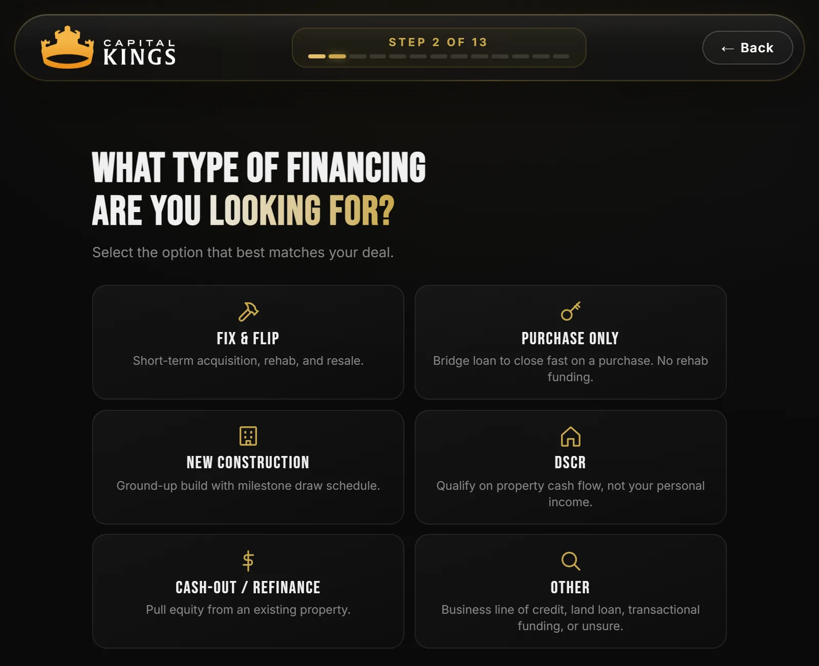 The Capital Kings application step that asks what type of financing you need, with six cards: Fix and Flip, Purchase Only described as a bridge loan with no rehab funding, New Construction, DSCR, Cash-out or Refinance, and Other.